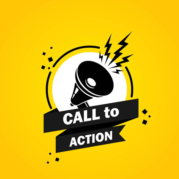 Megafone com banner de bolha de fala Call to action. Alto-falante. Rótulo para negócios, marketing e publicidade. Vetor em fundo isolado. EPS 10. - Vetor, Imagem