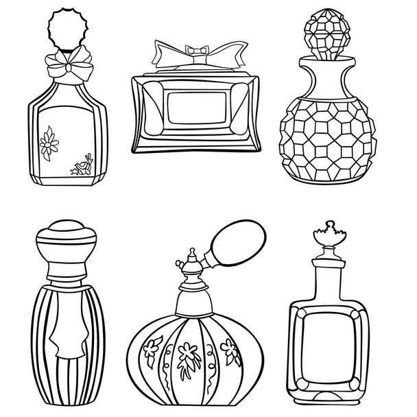 Sammlung schwarzer Parfümflaschen mit Umriss, isoliert auf weißem Hintergrund. Vektorillustration. - Vektor, Bild