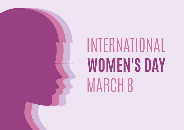 Międzynarodowy Dzień Kobiet, 8 marca Plakat z piękną kobietą profil twarzy fioletowy wektor sylwetki. Karta okolicznościowa Dnia Kobiet z sylwetką ładnej dziewczyny. Ważny dzień - Wektor, obraz