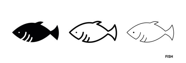 Набор иконок рыбной линии. К таким иконам относятся тонкий, толстый и силуэт рыбных иконок. Редактируемая линия. Значок рыбы. Шаблон логотипа рыбы. Креативный векторный символ рыболовного клуба или интернет-магазина. - Вектор,изображение