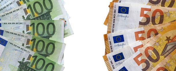 Eurobankbiljetten geld (EUR), munt van de Europese Unie geïsoleerd boven witte achtergrond - Foto, afbeelding