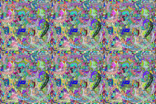 Seamless pattern with interesting doodles on colorfil background. Pano. Raster illustration. - Photo, Image