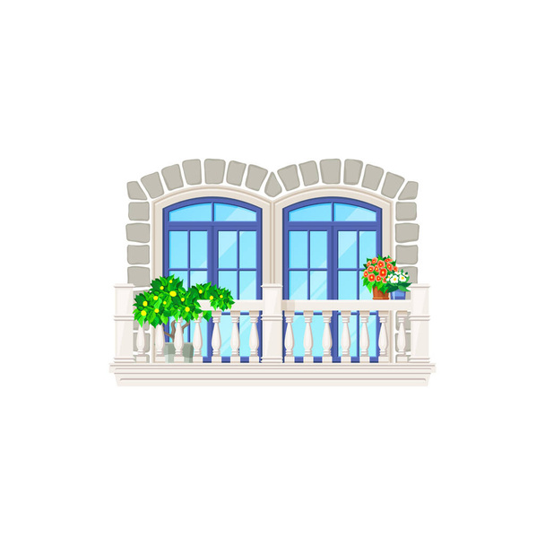 Erkély, építészet és vintage ház épület külső, vektor ablak és ajtó homlokzat előtt. Haza erkély virágokkal, városi apartman modern, retro klasszikus kerítés korlát vagy korlát fehér kő - Vektor, kép