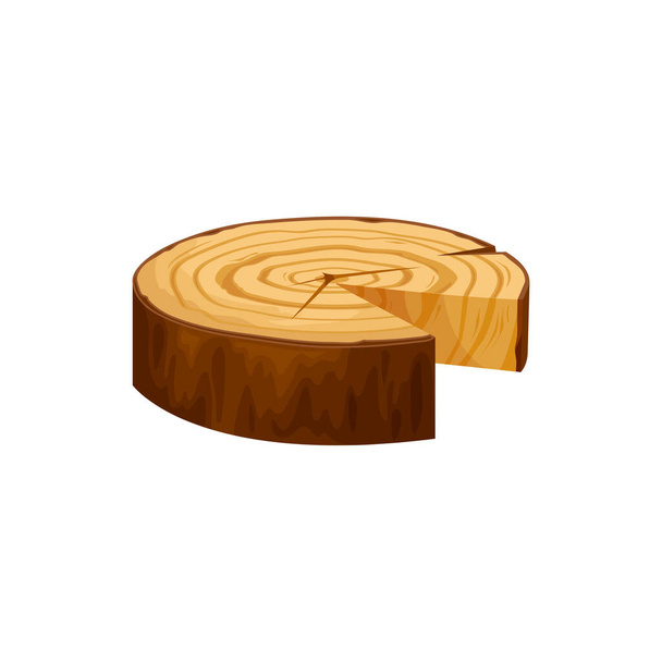 Пила вырубленное дерево ствол изолированного бревна с круглыми деревянными кольцами икона мультфильма. Древесина векторного круга, рубленая кора срубленного дерева. Естественная текстура, дуб или сосна, пиломатериалы с трещинами - Вектор,изображение