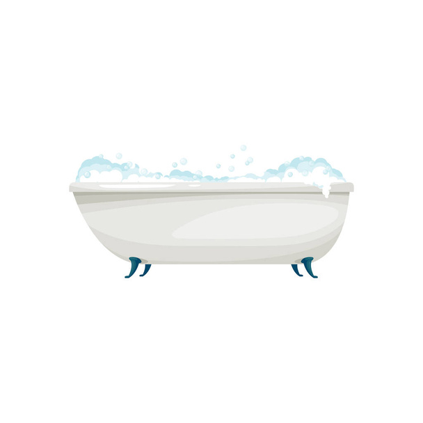 Badkuip met schuim, badkamer apparatuur geïsoleerde cartoon pictogram. Vector toilet hygiëne object, realistisch zeepbad met schuim en zeep. Badkuip om te baden, badkameruitrusting om te wassen en schoon te maken - Vector, afbeelding