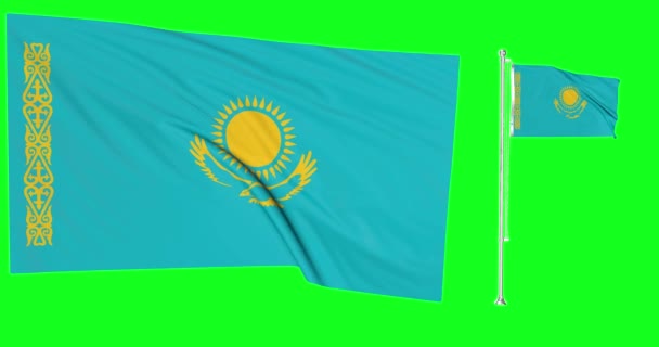 Vihreä silmukka Kazakstan kaksi lippua heiluttaa kazakhstani lipputangon animaatio 3d - Materiaali, video