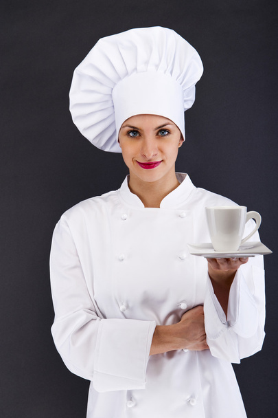 šéfkuchař, kuchař nebo baker portrét ženy s caffe pohár - Fotografie, Obrázek