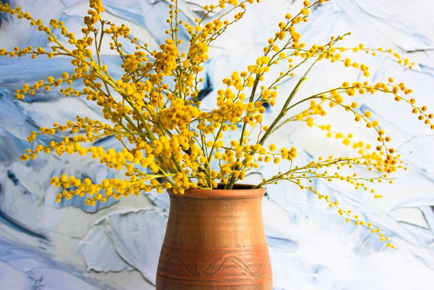 Een boeket van gele mimosa bloemen in een bruine klei vaas. Gele lente bloemen op zwart-wit borstel beroertes achtergrond. Gouden Acacia dealbata in bloei. Cadeau voor moederdag, 8 maart, Pasen. - Foto, afbeelding