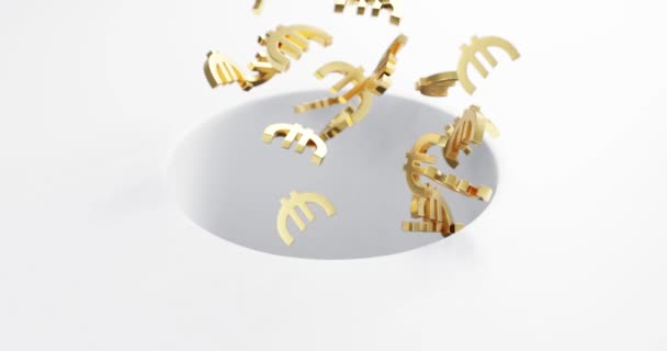 3Dレンダリングは、白い背景の穴に金ユーロ経済の下落の象徴 - 映像、動画