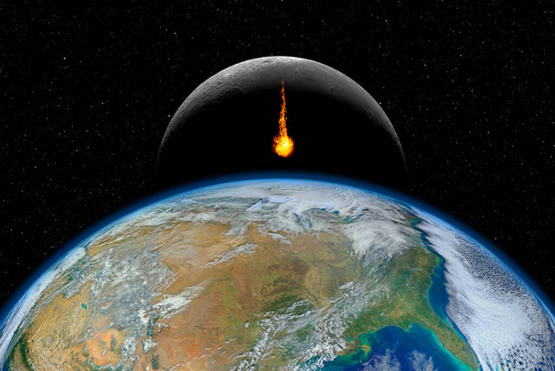 Опасный астероид приближается к планете Земля, полная катастрофа и вымирание жизни, элементы этого изображения предоставлены НАСА - Фото, изображение