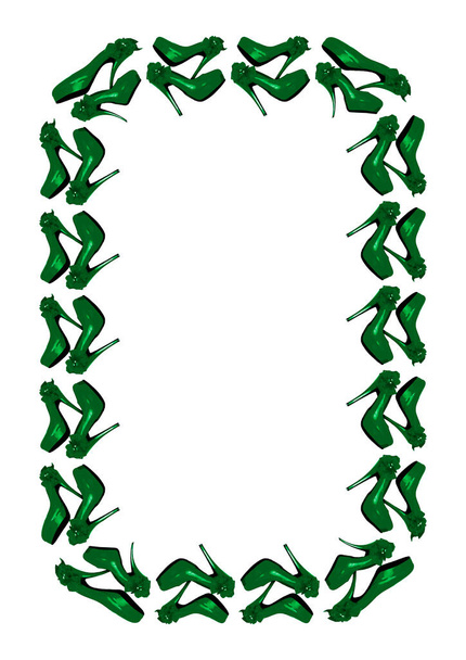 Cadres sur fond blanc A4, vertical Chaussures vertes habillées sur la plate-forme avec un nœud sur un talon haut et fin. Des chaussures. Mode - Vecteur, image