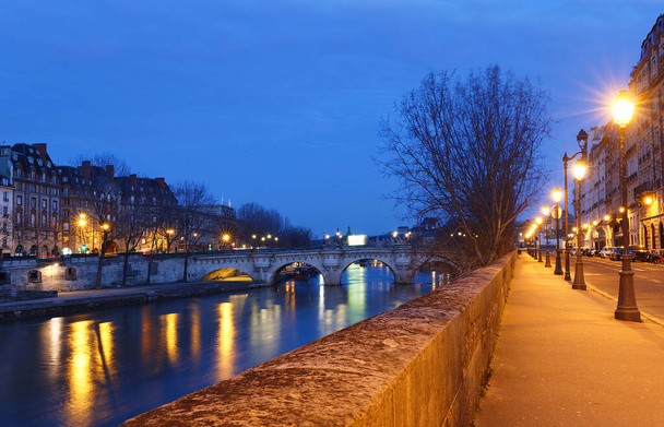 CItyscape of downtown with Pont Neuf Bridge and River Seine at night , Paris, France - Photo, Image