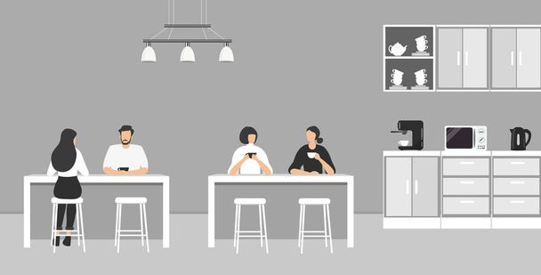 Офісна кухня. Їдальня в офісі. Офісні працівники сидять за столом. Перерва на каву. На зображенні є кухонні шафи, мікрохвильова піч, чайник і кавоварка. Векторні
 - Вектор, зображення