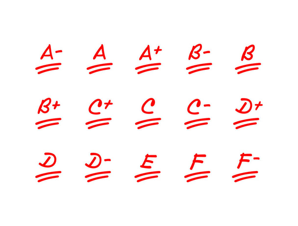 Examen score illustratie set, rode letter cijfer, school est resultaat collectie - Vector - Vector, afbeelding