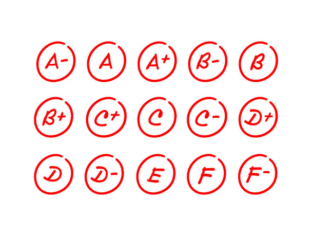 Σύνολο των αποτελεσμάτων των εξετάσεων, κόκκινο γράμμα σήμα βαθμού μέσα σε έναν κύκλο, χέρι που εικονογράφηση βαθμολογία δοκιμής - Διάνυσμα - Διάνυσμα, εικόνα