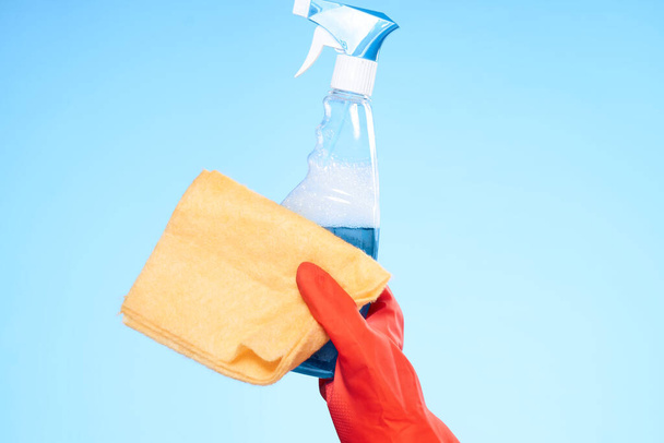 hand rubber gloves with detergent cleaning work - Fotoğraf, Görsel