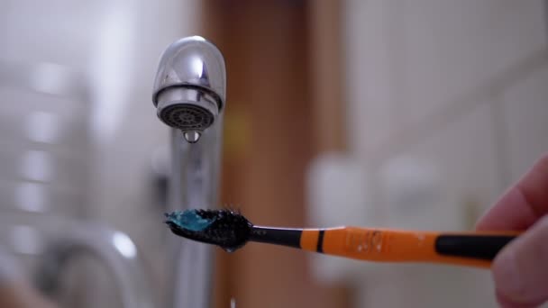 Musluktan bir damla su yavaşça Kara Tüylü diş fırçasına dökülüyor. Yavaş çekim - Video, Çekim