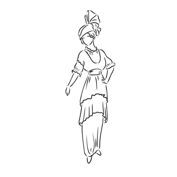 Dama vestida antigua. Ilustración de vector de moda antigua. Mujer victoriana con vestimenta histórica. Dibujo estilizado vintage, estilo retro en madera - Vector, imagen
