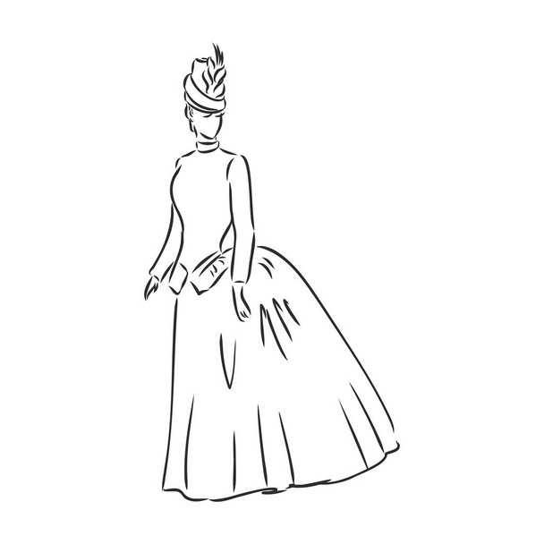 Senhora vestida de antiguidade. Ilustração de vetor de moda antiga. Mulher vitoriana em vestido histórico. Vintage estilizado desenho, estilo xilogravura retro - Vetor, Imagem