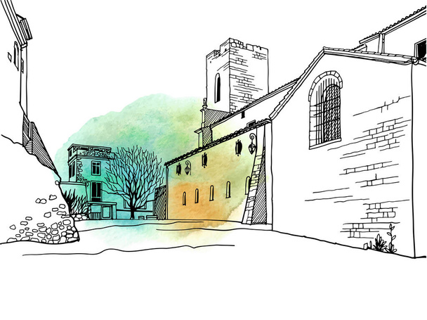 Régi romantikus Antibes utca, Provence, Franciaország. Szép európai város. Városi táj kézzel rajzolt vázlat stílusban. Vonalművészet. Faldekoráció. Vektor illusztráció massza akvarellen.. Emberek nélkül. - Vektor, kép