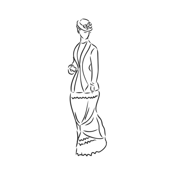 Старинная одетая леди. Старая модная векторная иллюстрация. Викторианка в исторической одежде. Винтажный стилизованный рисунок, стиль ретро-гравюры - Вектор,изображение