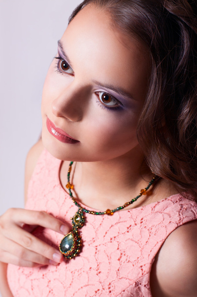 romantic girl with green necklace technique soutache, and in a p - 写真・画像