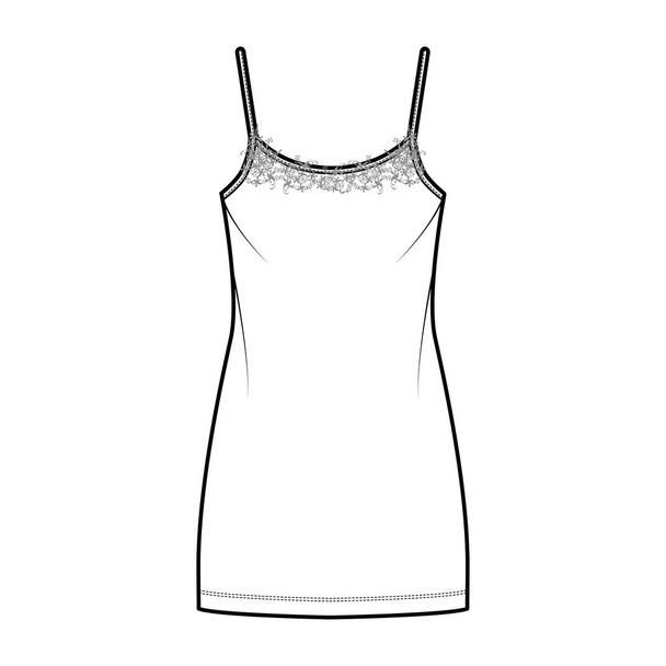 Химическое платье Пижама Паяма техническая мода иллюстрация с мини-длиной, кружева совок шея ками, трапеция силуэт - Вектор,изображение