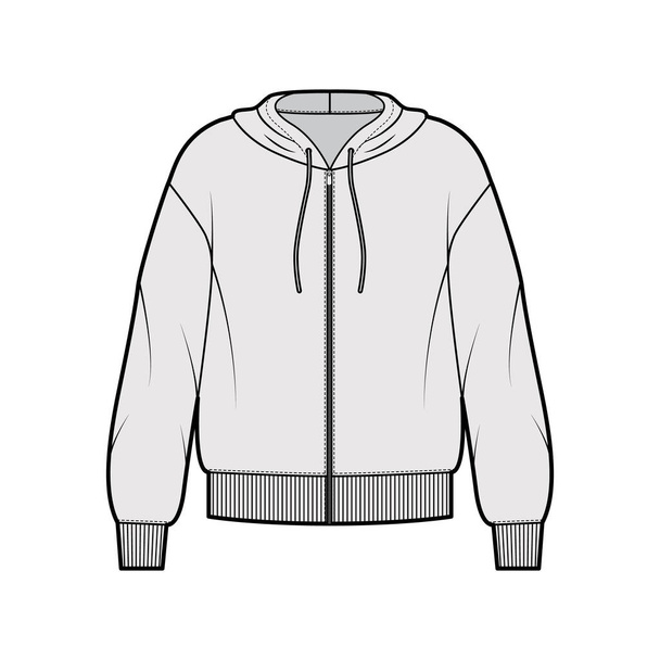 Zip-up Hoody sweatshirt technical fashion illustration with long sleeves, oversized body, knit rib cuff, banded hem.  - Vector, Image