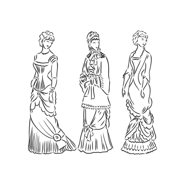 Antiek geklede dame. Ouderwetse vector illustratie. Victoriaanse vrouw in historische jurk. Vintage gestileerde tekening, retro houtsnede stijl - Vector, afbeelding