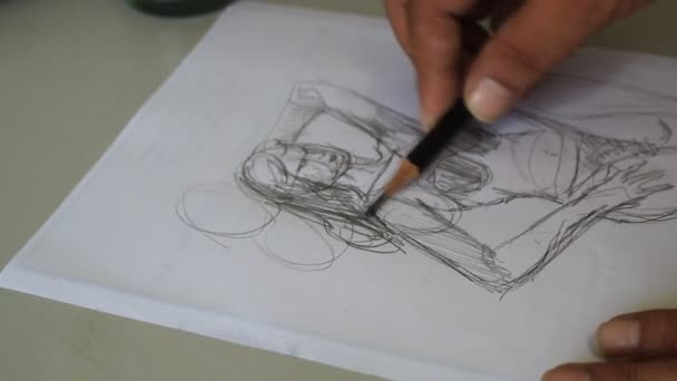 Desenho do esboço da mão do lápis do carvão vegetal no papel branco da placa - Filmagem, Vídeo