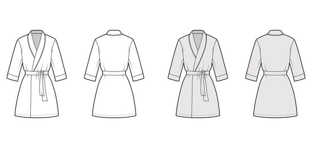 Badjas Dressing toga technische mode illustratie met wrap opening, mini lengte, oversized, stropdas, elleboog mouwen - Vector, afbeelding