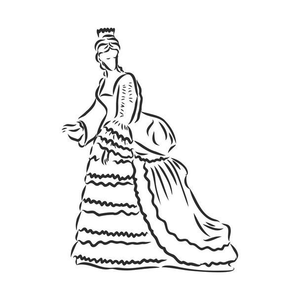Antik ruhás hölgy. Régi divatvektor illusztráció. Viktoriánus nő történelmi ruhában. Vintage stilizált rajz, retro fametszet stílusban - Vektor, kép