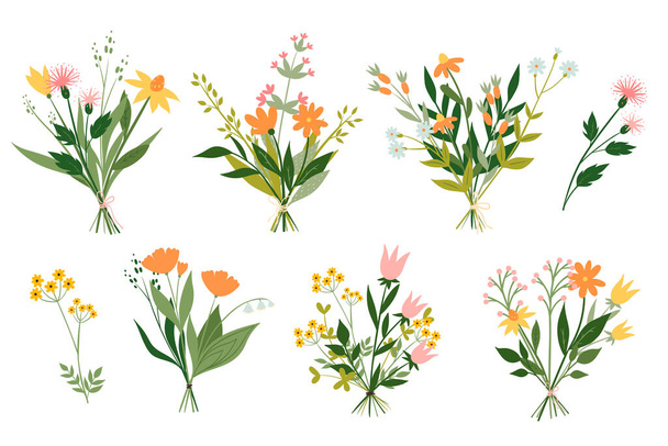 Set di simpatici mazzi di fiori di prato isolati su sfondo bianco. Immagine vettoriale. - Vettoriali, immagini