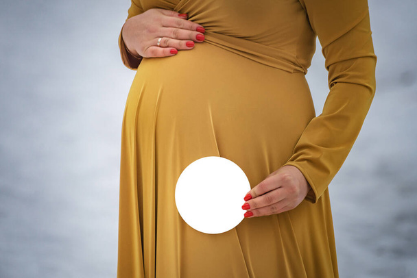 Красивий зовнішній портрет вагітної жінки в засніженій природі крупним планом
 - Фото, зображення