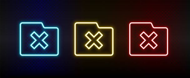 delete, conjunto de iconos de neón de carpeta. Conjunto de rojo, azul, amarillo icono del vector de neón sobre fondo transparente oscuro - Vector, Imagen