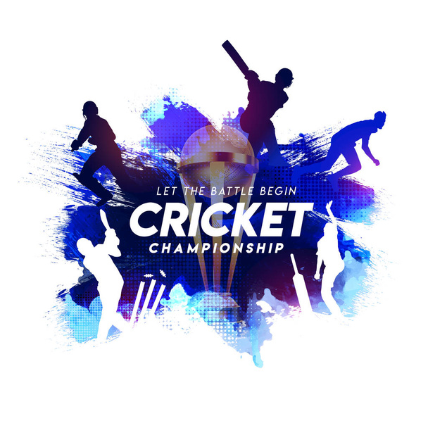Ilustración de bateador y jugador de bolos jugando deportes de campeonato de cricket con trofeo sobre fondo de trazo de pintura abstracta azul - Vector, Imagen