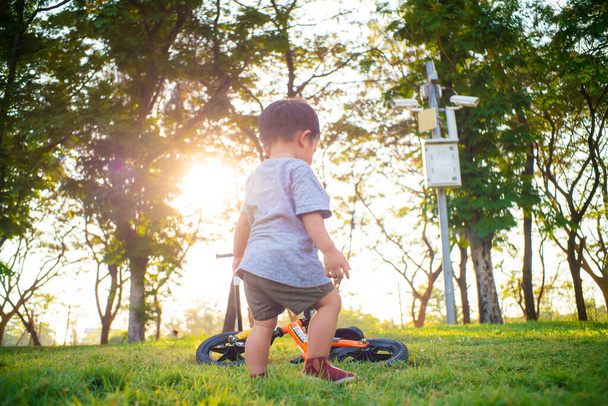 Bambino con balance bike che cammina sull'erba verde parco tramonto - Foto, immagini