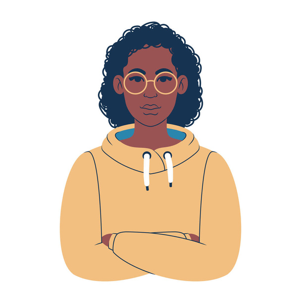 Портрет молодої африканки в барвистому светрі в окулярах. Мультфільм підліток аватар. Ілюстрація плоского стилю
.  - Вектор, зображення