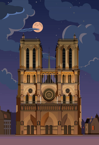月光の夜。パリのノートルダム。ベクトル. - ベクター画像