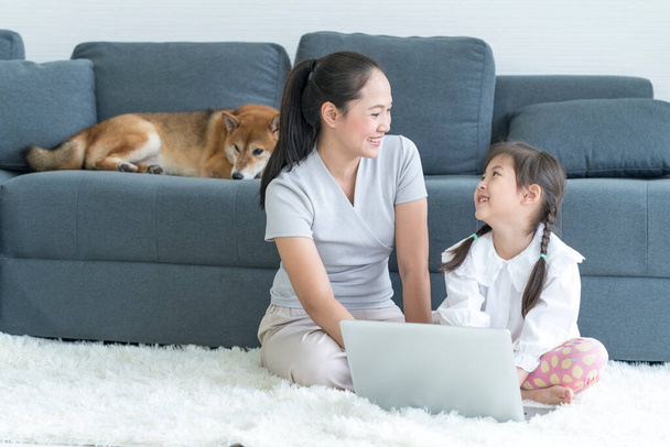 Una mamma e una figlia usano un computer portatile e hanno uno Shiba Inu sul divano. Mamma e bambino. - Foto, immagini