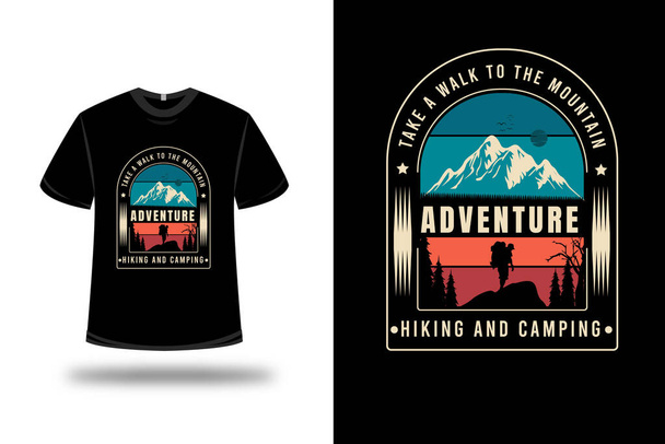 t-shirt  adventure hiking and  camping color green cream and red - Vector, Image