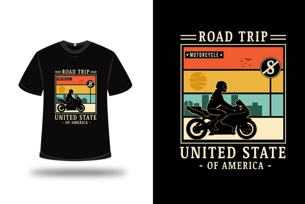 t-shirt οδικό ταξίδι μοτοσικλέτα ενωμένη κατάσταση της Αμερικής χρώμα πορτοκαλί κρέμα και πράσινο - Διάνυσμα, εικόνα