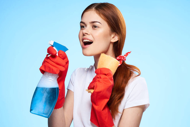 professional cleaning lady service housework blue background - Photo, Image