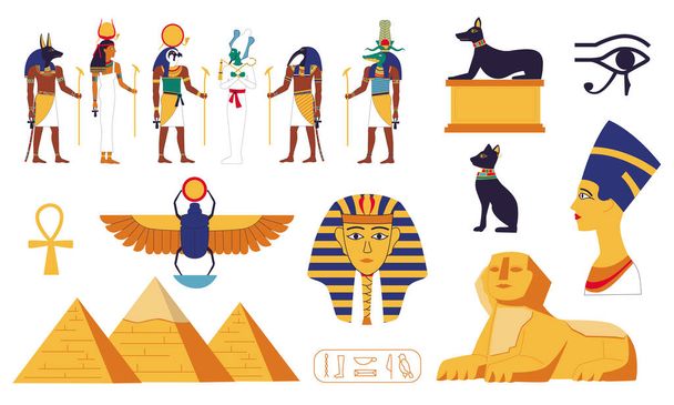 Egypti kokoelma. Muinaiset egyptiläiset jumalat tai mytologian sakraaliolennot. Sfinksi ja pyramidi. Kiviveistoksia. Uskonnon symboleja. Koristeelliset arkeologiset elementit. Vektorin historiallinen sarja - Vektori, kuva