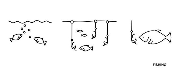 Kalastusikoni asetettu. Tämä symboli on ikoni symboli, joka osoittaa kalojen kalastusvaiheen meressä. Muokattava kuvakesarja. Kalastuskerho tai verkkokauppa luova vektori linja taidetta. - Vektori, kuva