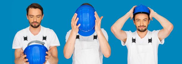 Sequence of three poses of a man donning a hardhat - Photo, Image