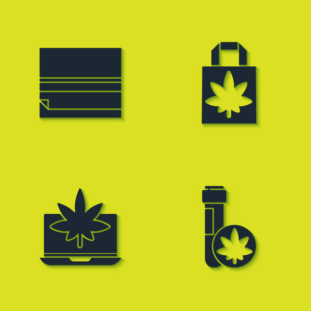 Set Rolling paper, Chemical Reagenzglas mit Marihuana, Laptop und oder Cannabis und Einkaufstasche mit Symbol. Vektor. - Vektor, Bild