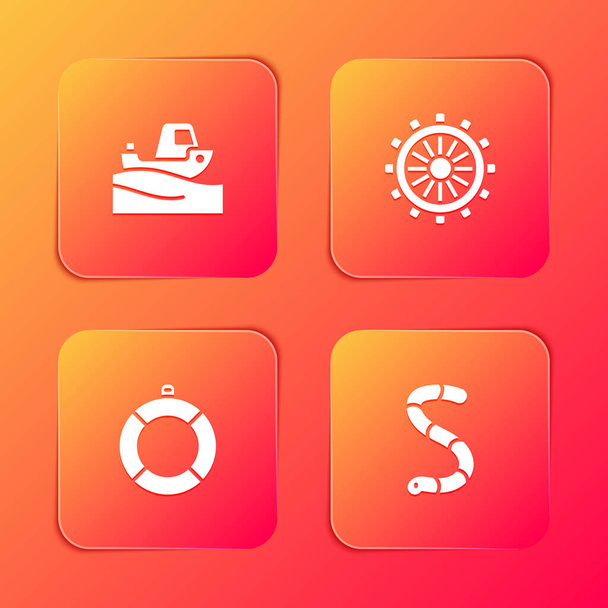 Set Fishing boat on water, Ship steering wheel, Lifebuoy and Worm icon. Vector. - Vector, Image