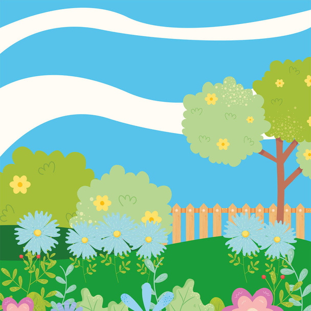 木の花のフェンスと低木のベクトルデザインと春の風景 - ベクター画像