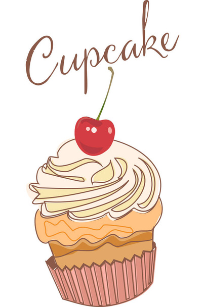 Cupcake on a white background. Icons. Isolated. Sweet pastries decorated with cherry - Vector, Image